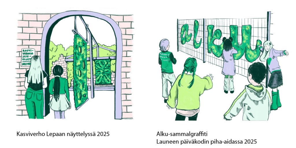 On the left, plant curtains displayed in the pergola of the Lepaa exhibition with two people standing in the foreground; on the right, children beside a moss graffiti artwork attached to the fence of Laune Daycare, spelling the word “Alku” “Beginning”.
