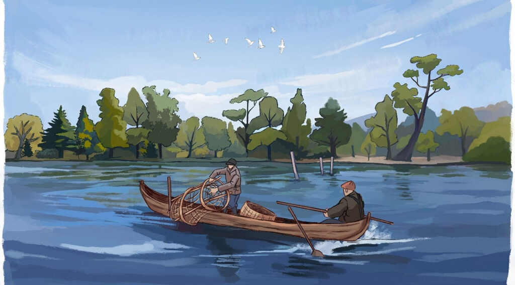 [Alt-teksti: piirroskuva järvellä liikkuvasta entisaikojen kalastusveneestä, jossa on kaksi kalastajaa vanhan ajan välineineen.]