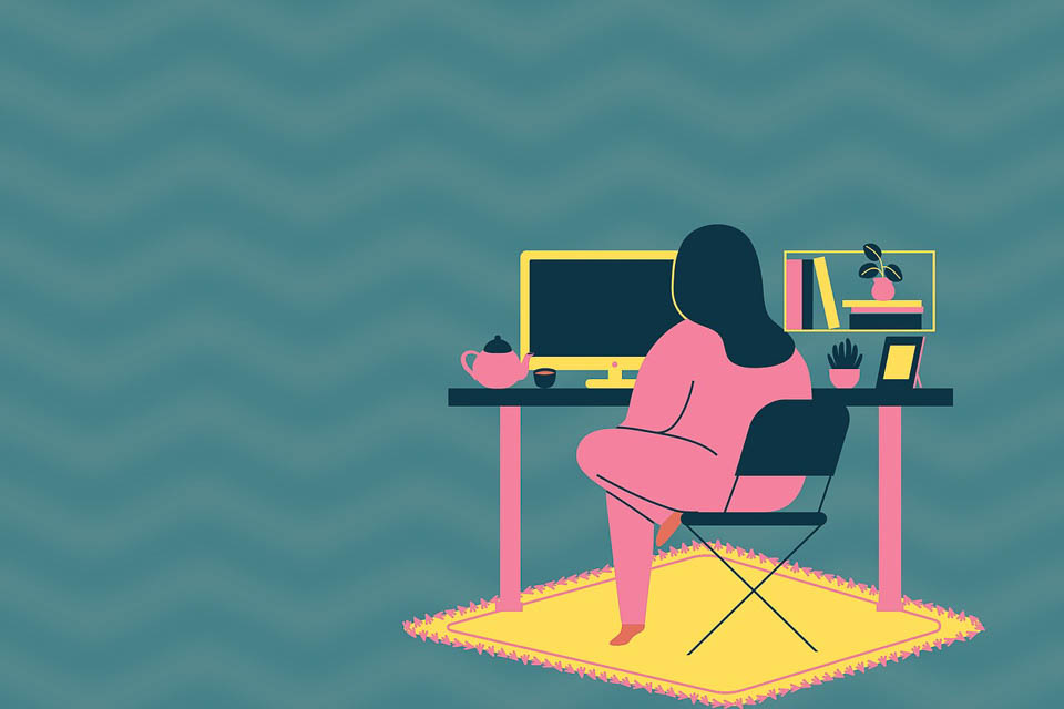 [Alt-teksti: vaaleanpunainen piirroshahmo istuu tietokoneen edessä sinisellä taustalla.]