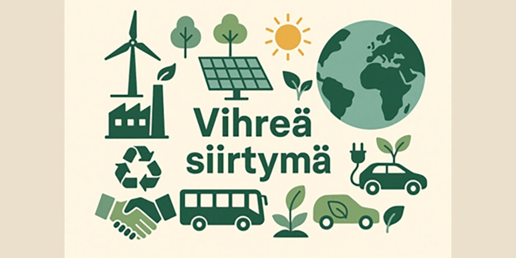 [Alt-teksti: kuvaan on koottu tärkeitä elementtejä, kuten muun muassa aurinkopaneeli, tuulivoimala, kierrätyksen symbolikuvio ja sähköauto.]