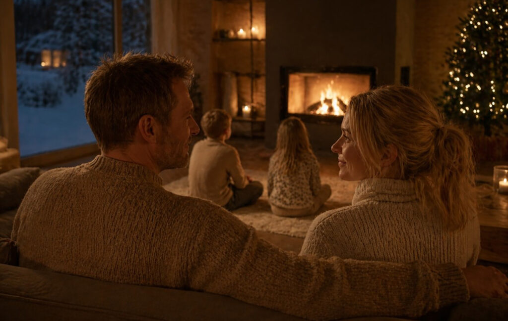 [Alt text: a family enjoying fireplace and christmas atmosphere.]