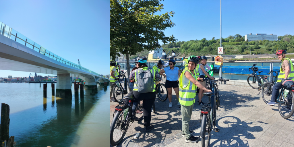 On left, a bridge. On right, a group of people standing outside with their e-bikes