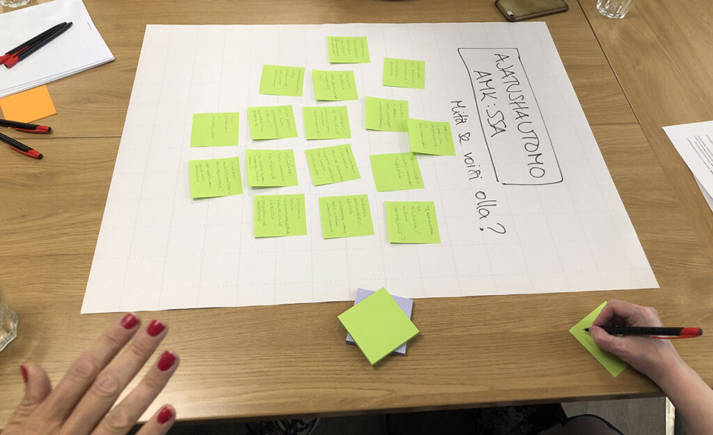 [Alt-teksti: pöydällä on suuri valkoinen paperi, jossa lukee ajatushautomo amkssa mitä se voisi olla ja tekstin alla on lukuisia post it lappuja täynnä tekstiä.]